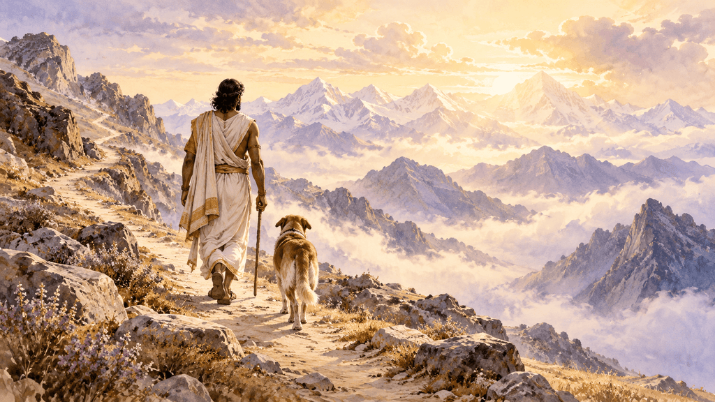 Uomo e cane camminano insieme su un sentiero di montagna, in un’illustrazione ispirata al racconto di Yudhishthira