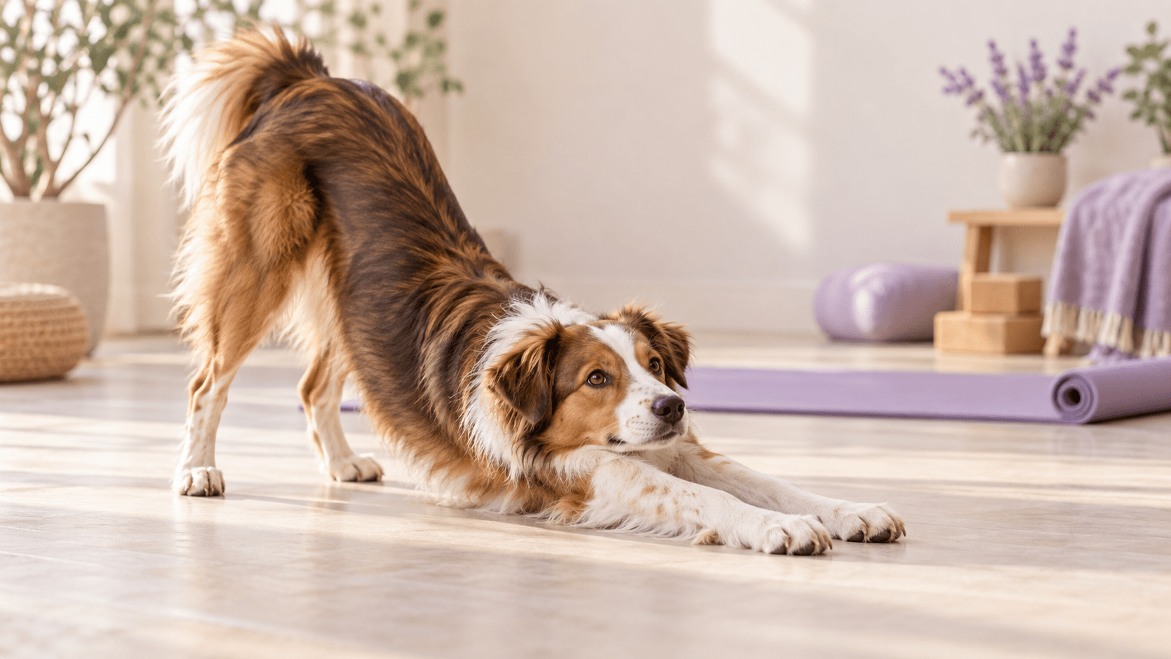 Cane che si stiracchia con le zampe anteriori distese e il bacino sollevato, in una posa simile al Cane a testa in giù.