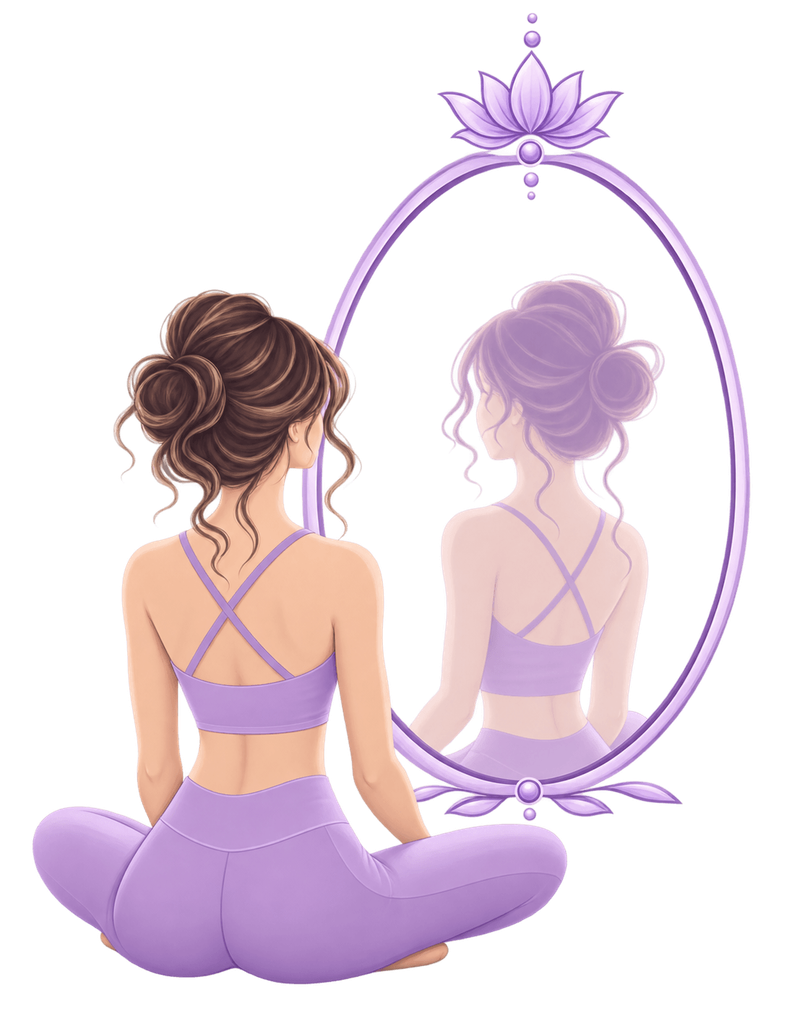 Donna seduta davanti allo specchio durante la pratica yoga, immagine simbolica dell’ego e di Ahaṃkāra