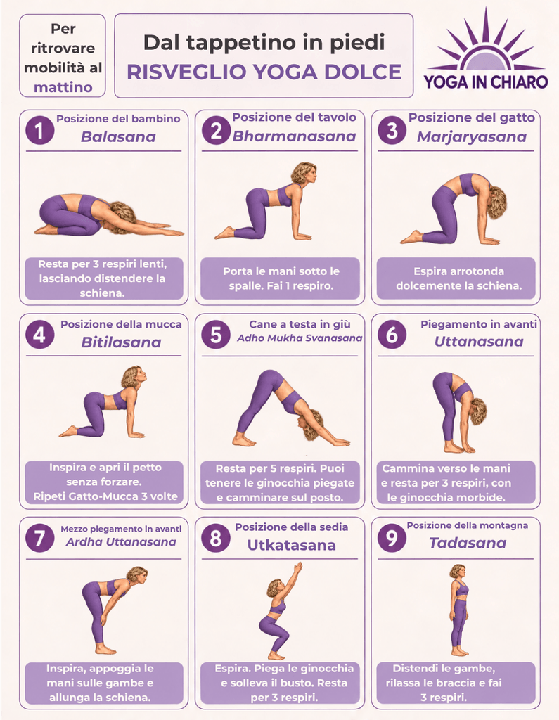 Infografica della sequenza yoga dolce del mattino con nove posizioni, dalla Posizione del bambino alla Posizione della montagna.