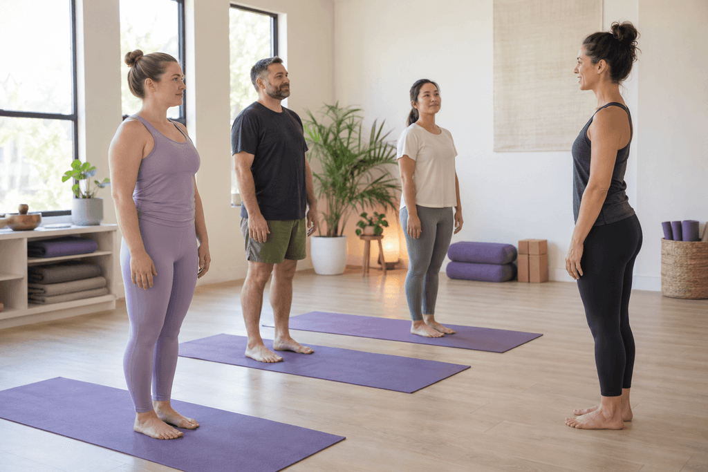 Piccolo gruppo di principianti segue un’insegnante di yoga in una semplice posizione in piedi