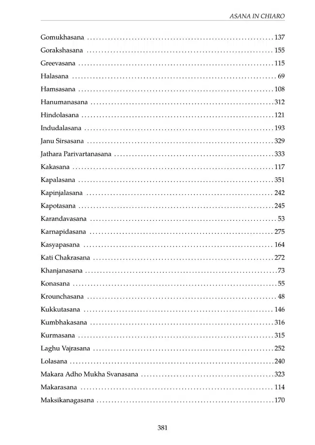 Indice alfabetico dei nomi sanscriti delle asana con i numeri di pagina
